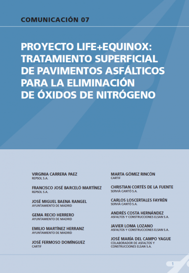 Proyecto LIFE+EQUINOX: tratamiento superficial de pavimentos asfálticos para la eliminación de óxidos de nitrógeno